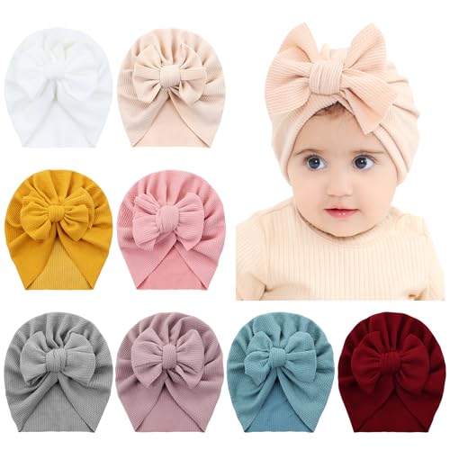 Image of Dizila 8 Pieces Baby Turban Hats with Big Bow Newborn Caps Beanies Bonnets Headwraps for Baby Girls Boys Infants Toddlers