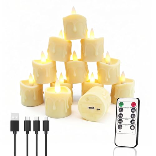 Image of Rechargeable Flameless LED Candles with Timer Remote - 1.5'' x 2'' Flickering Tea Lights Candles for Valentines, Wedding, Party and Holiday Decor,Set of 12(Charging Cable Included)