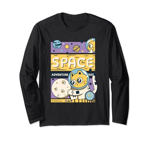 Espacio Aventura Gato Espacio Exterior Planeta Estrella Lindo Retro Manga Larga