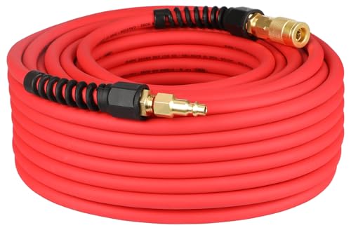 Keepro Hybrid Air Hose Flexible 1/4 Inch ID By 100 Feet Long Air Compressor Hose with Repairable Solid Brass 1/4 Industrial Quick Coupler and Plug 300 PSI Maximum Pressure Red