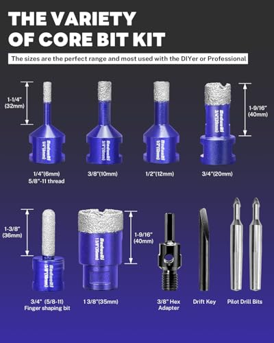 Image of 9 PCS Diamond Hole Saw Kit with Pilot Bit Adapter, 1 /4 inch - 1 3 /8 inch Thickened Diamond Core Drill Bit Set, Includes Tile Shaping Rod, for Porcelain, Ceramic, Granite, Marble, Stone