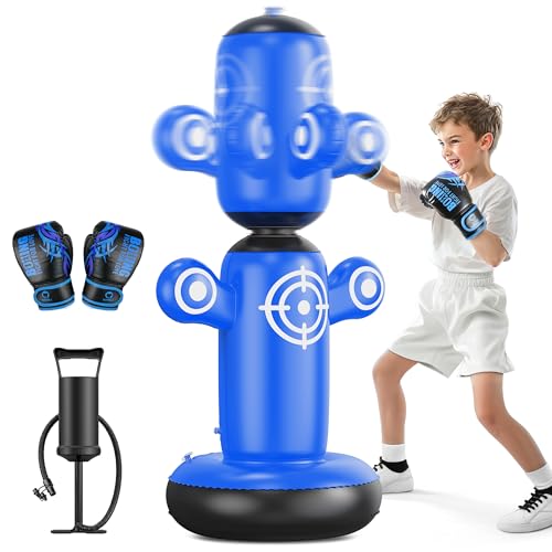 QPAU Lager - Sacco da boxe girevole a 360° per bambini, 164 cm, con guanti, pompa a mano e 6 bersagli, giocattolo gonfiabile per boxe, regalo per karate per ragazzi e ragazze (blu)