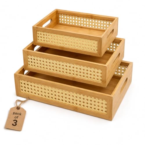 Image of Curated Cart Bamboo Serving Tray with Cut-Out Handles - Rattan Cane Woven Base - Eco-Friendly Rustic Tray for Coffee Table, Breakfast (Tray -Rectangle-3P-S,M,L)