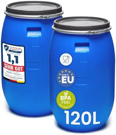 Garronda Set 2X 120 Liter Deckelfass Weithalsfass aus HDPE Regenfass für Garten Fass Regenwassertonne Futtertonne Universalfass Wasserfass Regentonne Lebensmittelfass Wassertank GD