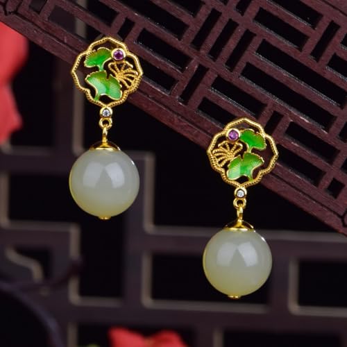 Boucles d'oreilles Jade de Hetian argent massif et émail ajouré style rétro - 4