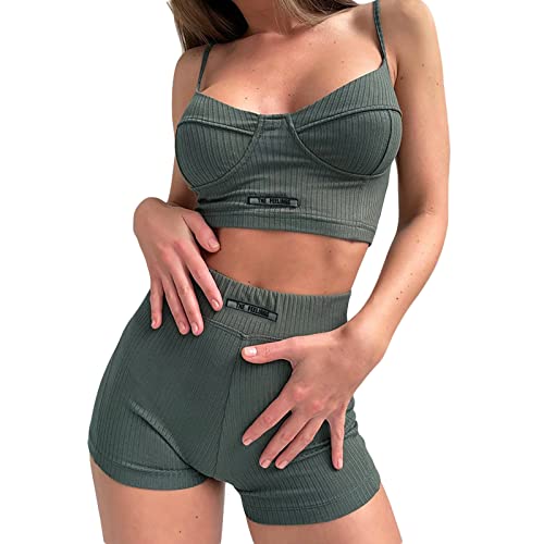 Conjunto de Yoga para Mujer, 2 Piezas, sin Costuras, Acanalado, sin Mangas, sin Mangas, sin Mangas, y Pantalones Cortos de Cintura Alta (Green, Large) Cover