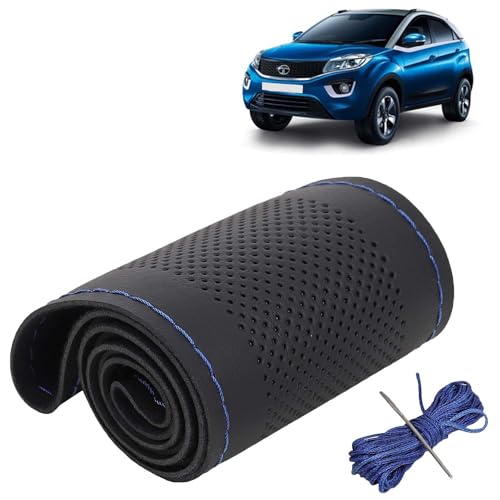 Image of KINGSWAY PU Leatherite Car Steering Cover Sewable Compatible with Tata Nexon (Year 2017-2019), Black Color with Blue Thread, Pack of 1 with Sewing Needle and Thread
