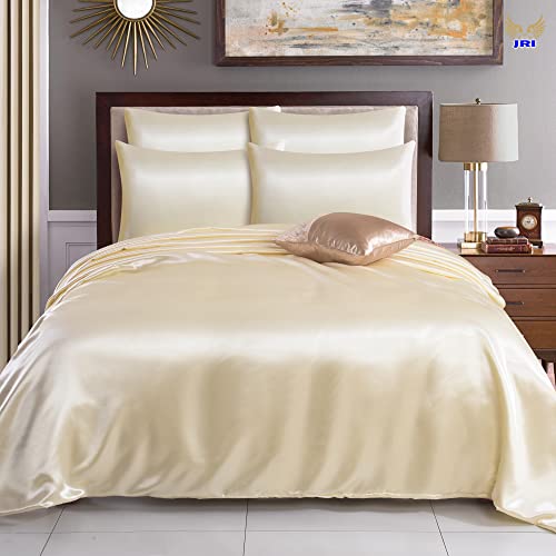 4PCS Satin Duvet Cover Bedding Set Plain Luxury Soft Bed Set Include (1xDuvet Cover, 1xFitted Sheet, 2xHousewife Pillow Case) (Single, Cream)-(Same Day Dispatch)
