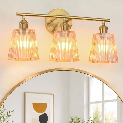 Image of Bathroom Light Fixtures, 3-Light Gold Bathroom Vanity Lights Over Mirror