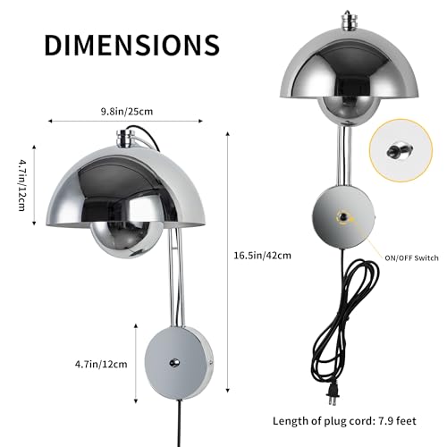 Image of COSYLUX Mid-Century Modern Bud Plug in Wall Sconces, Chrome | Indirect lighting reading wall lamp, all-metal construction, plug-in or hardwired install, fits bedroom bedside, living room