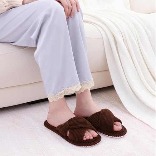 Image of Evshine Summer House Slippers for Women Corduroy Cross Bow Indoor Slippers Open Toe Slip On Bedroom Shoes with Memory Foam