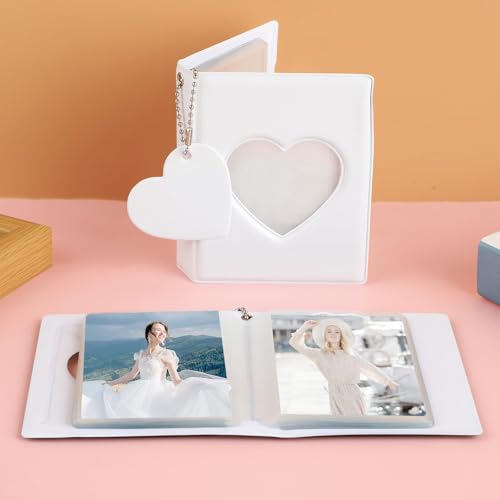 Image of Mini Photocard Binder, Mini Album for Photos, 3 Inch White Photocard Book Mini Photo Album Heart Hollow Card Binder with 32 Pockets and Pendant