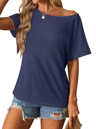 Image of Hilinker Womens Sexy Off The Shoulder Tops Short Batwing Sleeve T Shirt Oversized Casual Tee Heather Blue Medium