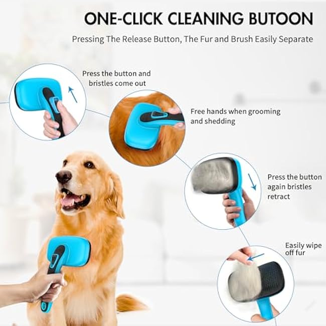 Dog Self Cleaning Slicker Brush for Shedding, Ideal for Short Long Haired Dogs, Including Cat. Removes Loose Fur, Undercoat, Mats, Tangled Hair. Suit for Large Medium Small Animal. Blue-hJyrnBah