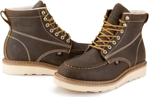 SUREWAY 6 in Mens Waterproof Soft Toe Work Boots for Men-Full Grain Leather,GoodyearWelt,EH Safety Industial Construction Wedge Moc Toe Work Boots/Shoes,Waterproof Soft Toe Brown,Size 104