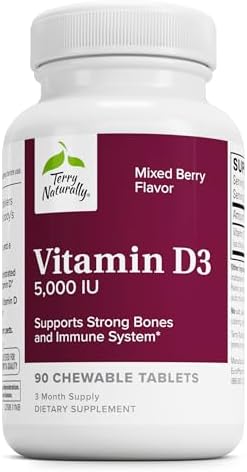 Terry Naturally Vitamin D3 – Bone Health & Bone Strength Supplement – Dietary Supplement for Immune System & Brain Support – 5,000 IU Vitamin D Tablets with Mixed Berry Flavor – 90 Chewable Tablets