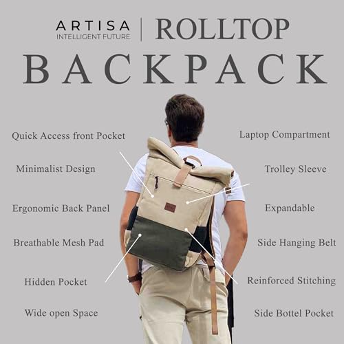 Image of Artisa Canvas Roll top Backpack with 15.6 inch Laptop Compartment, Anti Theft Pocket and Expandable Size