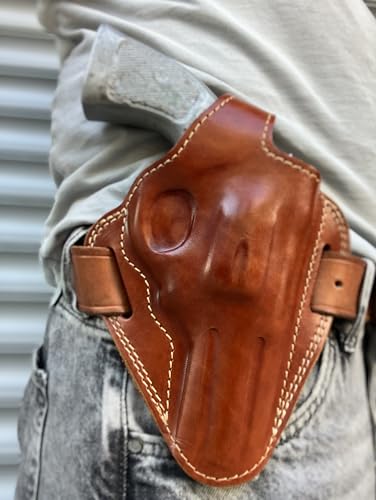 Cal38 Handcrafted Leather Belt Holster Tan Black for Taurus Tracker 357 Magnum 4