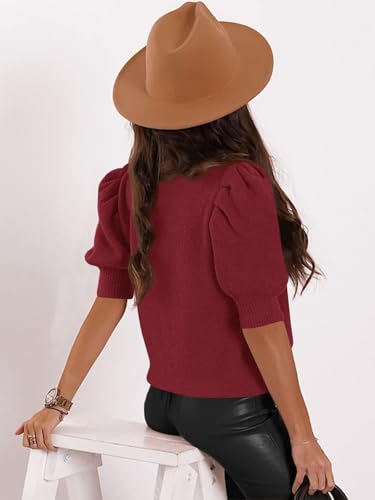 Image of Womens Puff Short Sleeve Sweater Tops Square Neck Casual Knit Pullover | Dressy Casual Blouses,Fall Shirts,Fashion Summer Clothing,Cute Spring Outfits,Work Shirts