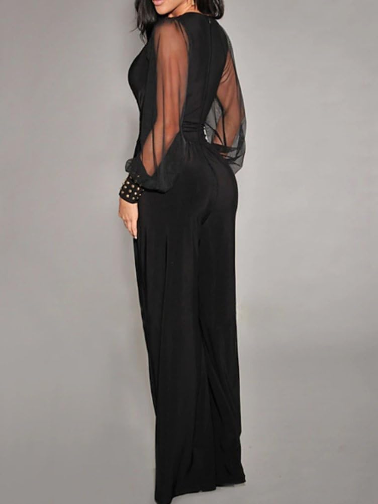 Femmes Sexy Élégant Col V Maille Rivets À Manches Longues Pantalon Droit Combinaison De Fête D'affaires
