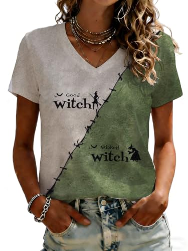 Women Witch Broom V Neck Tee Halloween Top (Witch, M)