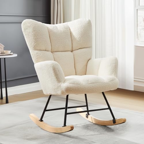 DUMOS Schaukelstuhl, Teddy-gepolsterter Sessel mit Hoher Rückenlehne, Moderner Stil Schminktisch Stuhl, Komfortabler Rückenlese-Ohrensessel, geeignet für Wohnzimmer, Schlafzimmer (Weiß)