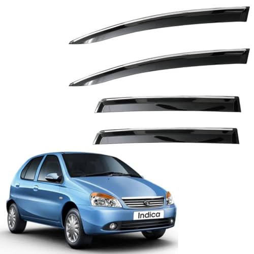 Image of CAR SAAZ Unbreakable Chrome Smoke Door Visor for Indica | Premium Sun, Rain Wind Deflector Chrome Strip Side Door Rain Visor - Set of 4 Pcs