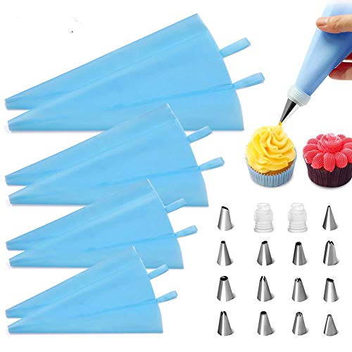 24-teiliges Kit zum Verzieren von Kuchen, 14 Düsen mit Zuckerguss-Pipingspitzen, 8 wiederverwendbare Silikon-Spritzbeutel, 2 Kupplungen Kupplungen zum Backen von Cupcakes Keksen Süßigkeiten-Werkzeug