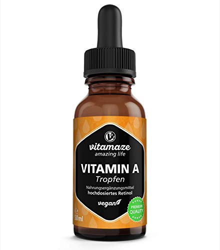 Vitamin A Tropfen hochdosiert 5000 IE pro Tagesdosis, 50 ml (1700 Tropfen), Retinyl vegetarisch, hohe Bioverfügbarkeit, Natürliche Nahrungsergänzung ohne Zusatzstoffe