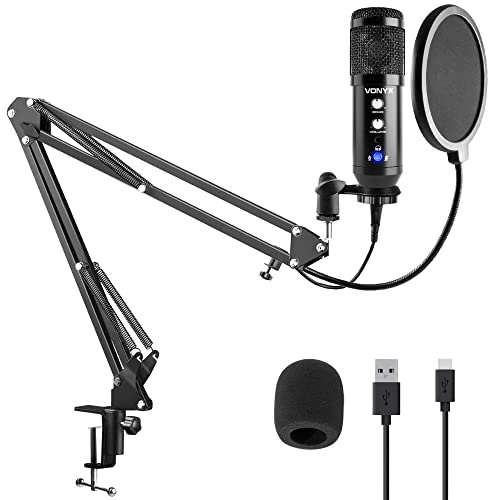 Vonyx CMS320B - microfono Condensador cardioide de Estudio USB con Soporte de Brazo articulado con Anti-Pop e Interface de Audio integrada, Control de Ganancia y Echo, Salida Auriculares, Color Negro