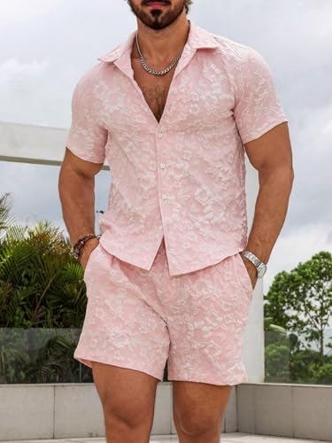 Image of ZAFUL Men's 2 Pieces Sets Outfits Summer Beach Set Short Sleeve Button Down Zip Up Shirt And Short Sets