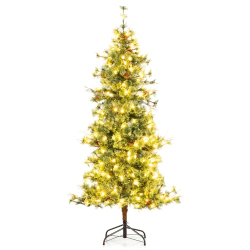 Image of Goplus 6 FT Pre-Lit Artificial Christmas Tree, Cashmere Xmas Tree with 370 Pine Needles, 200 Warm White LED Lights with Bulb Cover, Natural Pine Cones, Foldable Metal Stand, Home Office Decoration