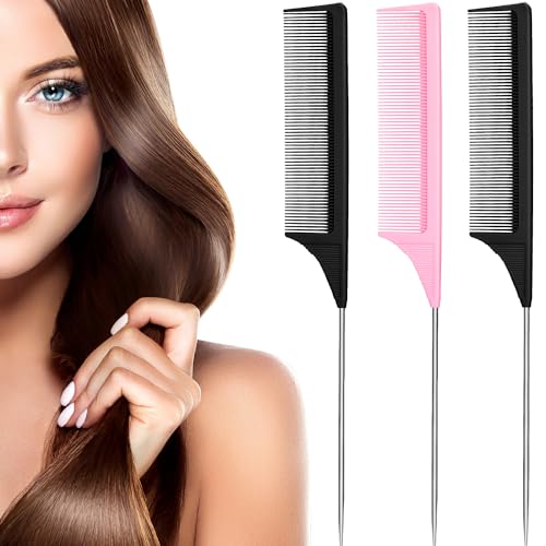 Leinuosen 3 Packs 9 Inch Rat Tail Comb Carbon Fiber Heat Resistant Teasing Comb with Metal Pick Styling Parting Lightweight Sectioning Fine Tooth Combs for Women Girls