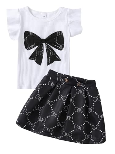 Image of Azmxynol Toddler Girls Clothes Cap Sleeve T-Shirt + Bowknot Print 2pcs Summer Shorts Outfit Set For Girls, Size 4-8 Years