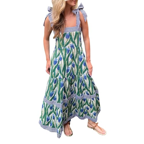 Image of Women Y2k Boho Maxi Dress Tie Shoulder Backless Strappy Tiered Flowy Dress 2024 Summer Floral Beach Sundress
