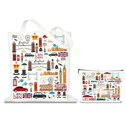 Image of London Souvenirs Gifts Tote Bag and Cosmetic Bag Set, Canvas Double-Sided Printed London Tote Bag, Reusable Shopping Bag, London Souvenirs Gifts and British Gifts for Travel Daily Use