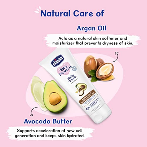 Image of Chicco Baby Moments Baby Cream for Babies with Argan Oil & Avocado Butter, 200g| Natural Ingredients for Hydrated Skin | Dermatologically Tested | Phenoxyethanol, Parabens & Lauryl sulphates free