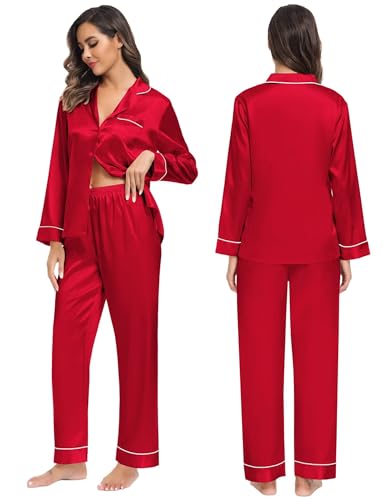 SWOMOG Family Matching Button Down Pajamas Pjs Silk Satin Long Sleeve Shirt Long Pants Set Sleepwear 2 Pcs Outfits Loungewear4