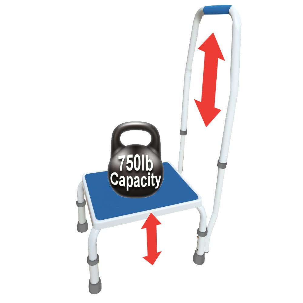 Platinum HealthAdjustaStep BARIATRIC Deluxe Step Stool/Footstool with Handle/Handrail, Height Adjustable. 2 Products in 1. Modern White/Blue Design. Padded Non-Slip Handle. 750lb Capacity.