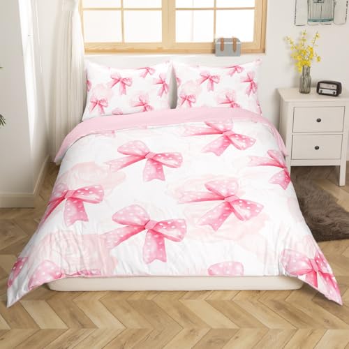 Homemissing Pink Bow Duvet Cover Set Single Size Bedding For Kids Adults Girls Teens Dreamy Princess Style Bedding Set Kawaii Bowknot Comforter Cover with 1 Pillowcase Room Decor Bow Bed Sets - Image 2