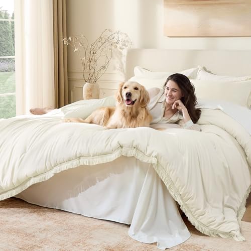 Image of Andency Oversized King Size Comforter Set Ivory 128x120, 3 Pieces Boho Soft Lightweight Bedding Comforter Sets, Tassel All Season Bed Set (1 Comforter & 2 Pillowcases)