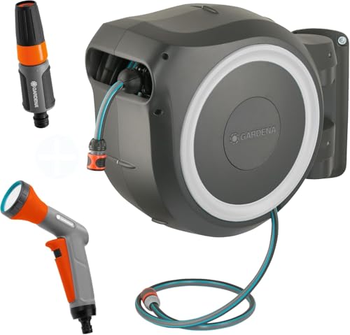 Gardena Wand-Schlauchbox Rollup XL (weiß) – Flexible Bewässerung für große Gärten, Schwenkbare Schlauchbox, inkl. Qualitätsschlauch mit Brause & Reinigungsspritze (18632-60)
