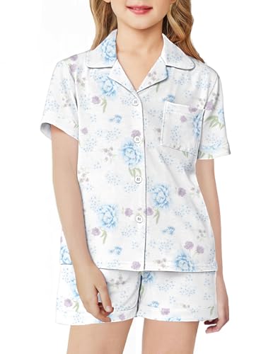 Arshiner Pajamas Set for Girls Short Sleeve Lounge Set 2 PCS Button Down Pj Sets