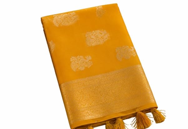 Women's Mustard Yellow Cotton cum fancy silk mix Saree with Elegant Zari Woven Motifs & Rich Border | Traditional Wedding, Festive Saree with Tassels and Unstitched Blouse Piece-picture-24