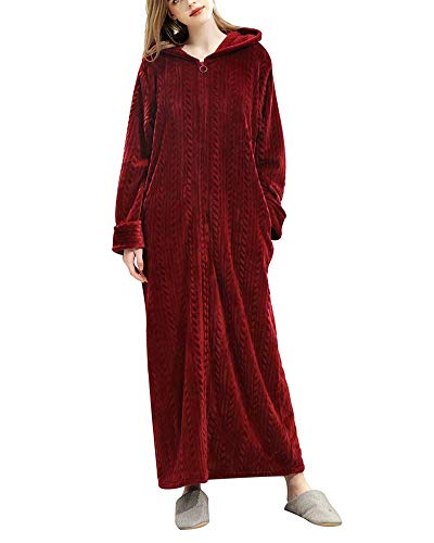 Shaoyao Bata y Albornoz para Hombre y Mujer,Franela Full-Length Plush Robe con Capucha y Cremallera Mujer Vino Rojo XL