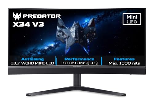 acer Predator X34V3 Gaming Monitor 34 Inch (86 cm Screen) UWQHD, VA, 180Hz DP/Type-C, 100Hz HDMI, 1ms(GTG), DP 1.4, 2xHDMI 2.0, Type-C 90W, USB HUB, Curved, Height-Adjustable, FreeSync Premium