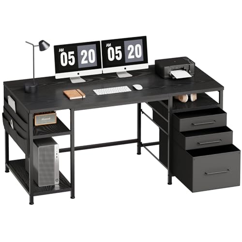 Ｍａｉｈａｉｌ Maihail Home Office Desk with Drawers Adjustable Shelves, 59 inch Writing Desk with File Cabinet, Large Computer Desk with Storage, Vintage, Black