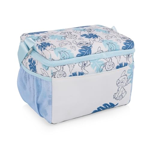 PICNIC TIME Disney Lilo & Stitch Modern Lunch Cooler, Insulated Lunch Box for Work, Travel, and Outdoor Use, Waterproof Cooler Bag with Adjustable Strap and Mesh Pockets, (White with Blue Leaf Design)