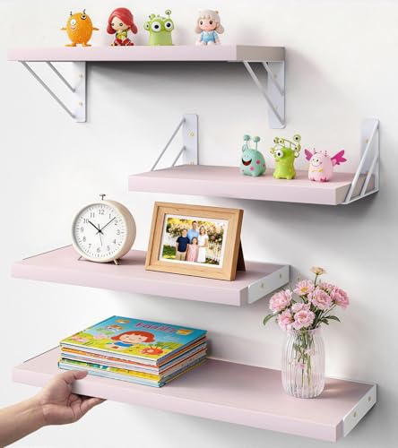 Image of BAYKA Wall Shelves for Bedroom Decor, Pink Floating Wall Shelf for Living Room Kitchen Storage,Mounted Rustic Wood Shelves for Kids Books, Corner Shelf for Bathroom(16in,Set of 4)