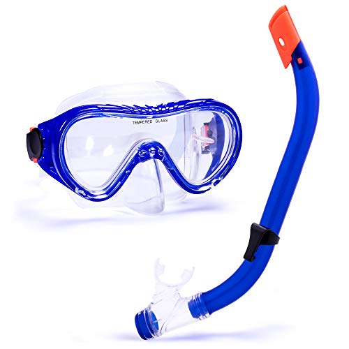 Junior Semi-Dry Diving & Snorkel Set | Child Safe Adjustable Face Mask | Beach Days, Vacations, or Aquatic Adventures - PVC Skirting and Mouthpiece, Tempered Shatterproof Glass (Blue)